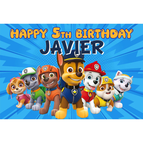 Paw Patrol Birthday Backdrop banner personalized with the birthday boy's name.