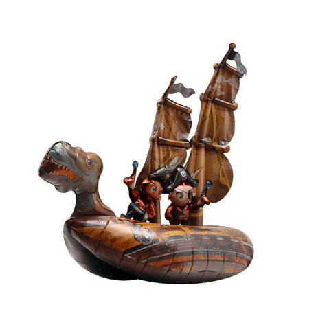 Wooden ship with turtle shell and figures on a white background