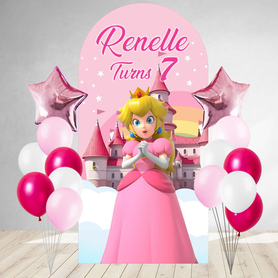 Princess Peach DIY Birthday Backdrop & Balloon Set for the birthday party decoration in Super Mario Girl theme.