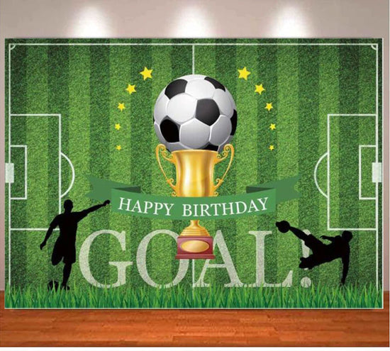 Load image into Gallery viewer, Soccer themed birthday banner for the decoration of the football fanatic birthday star!
