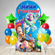 Toy Story backdrop and balloon decoration.