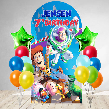 Toy Story backdrop and balloon decoration.