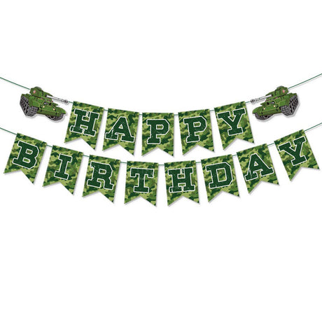 Camouflage-themed 'Happy Birthday' banner with tanks flags.