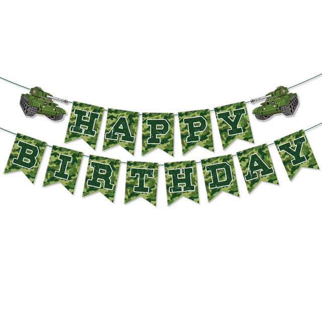 Camouflage-themed 'Happy Birthday' banner with tanks flags.