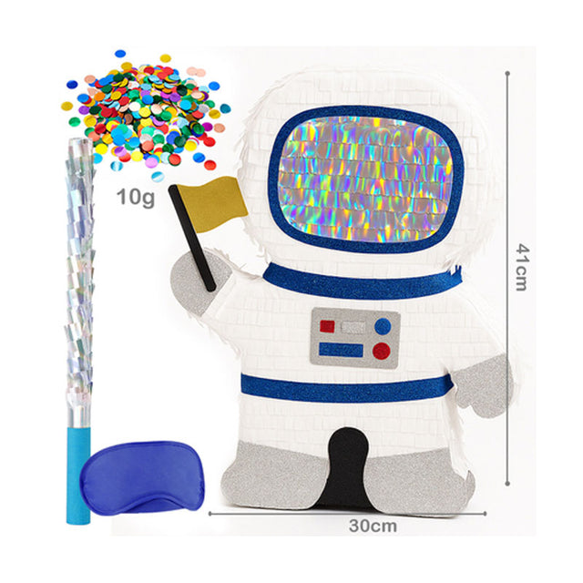 Pinata in the form of an astronaut with colorful confetti.