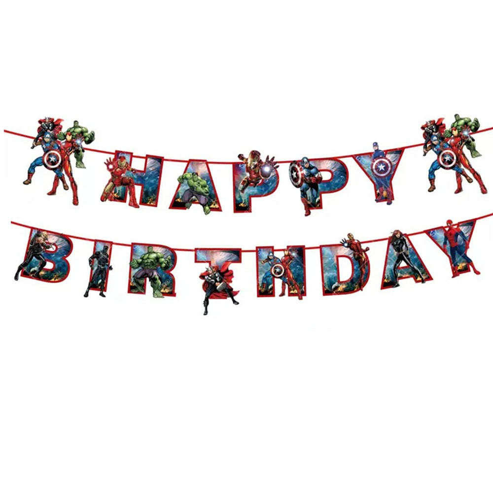 Marvel superhero-themed 'Happy Birthday' banner on a white background