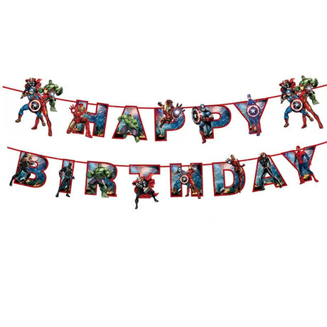 Marvel superhero-themed 'Happy Birthday' banner on a white background