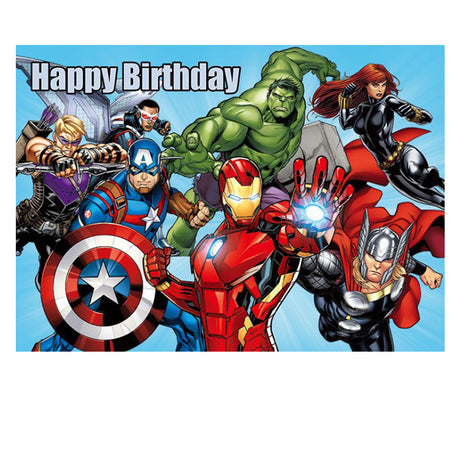 Marvel Superheroes Avengers in Action with the birthday party huge backdrop banner!