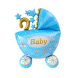A blue baby shower balloon shaped like a stroller with the word 'Baby' on the front, blue star accents, and a gold number 2 balloon emerging from the canopy, shown on a plain white background.