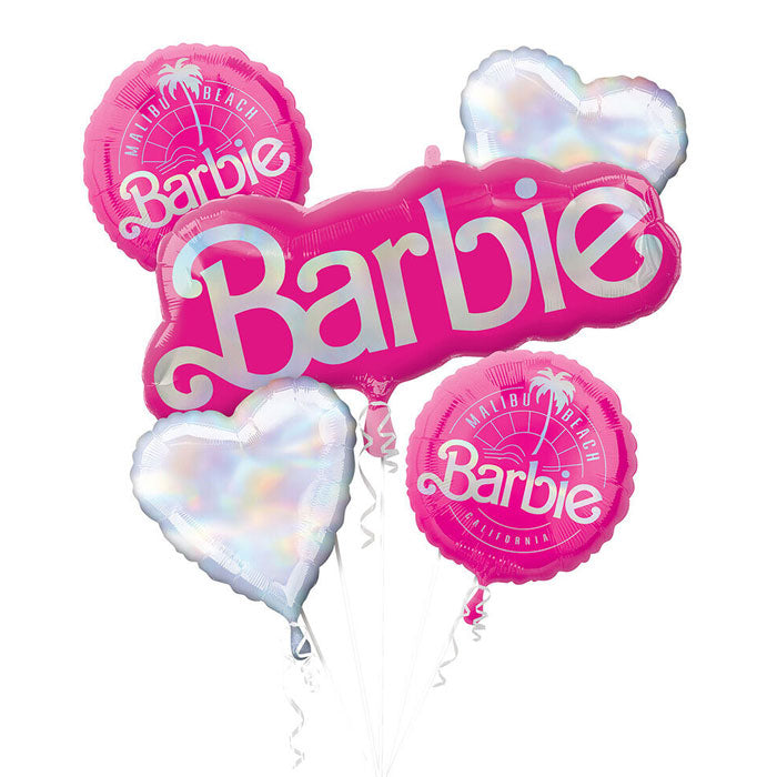 Hot Pink and Holographic Heart Balloons with a jumbo Barbie Doll Logo featured in this balloon bouquet for the special girl birthday party.