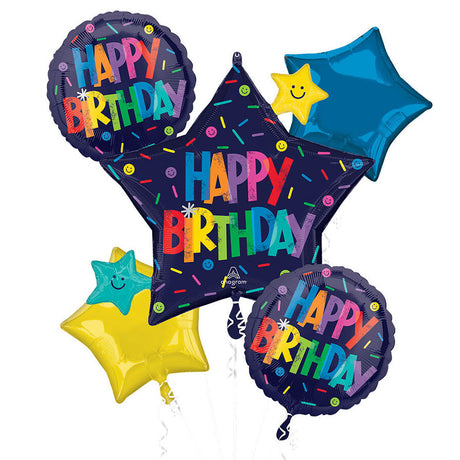 Colorful 'Happy Birthday' balloons with star shapes on a dark background