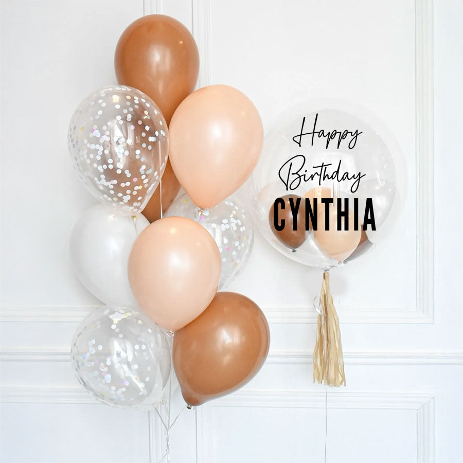 Customised Bubble Balloon with Brown, Blush, White Latex Bouquet