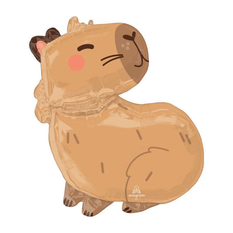 A cartoon-style capybara-shaped foil balloon in light tan and brown tones with a small pink cheek and dark brown ears, shown on a plain white background.