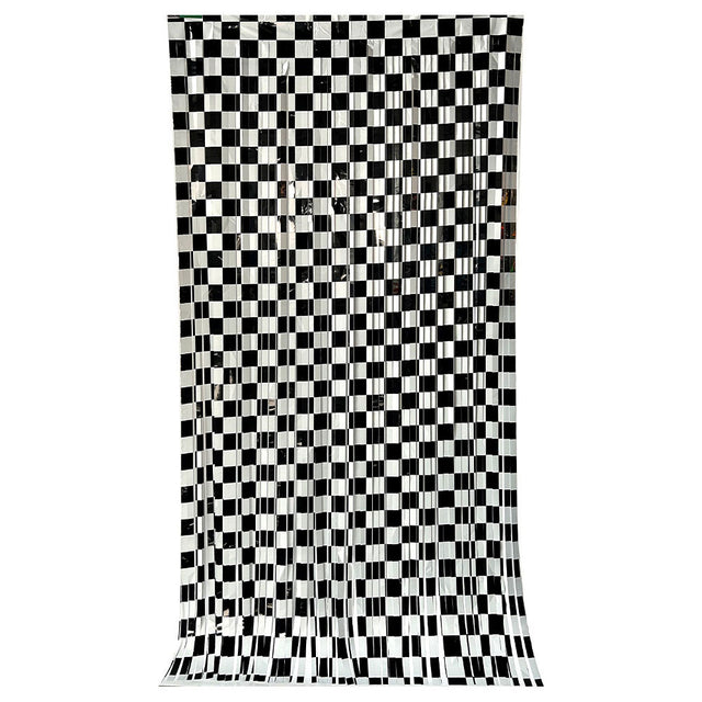 A black and white checkered curtain panel hanging against a plain white background.