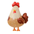 A cartoon-style rooster foil balloon on a plain white background. The balloon features a cream-colored head, a red comb and wattle, an orange beak, brown and tan body with white speckles, and orange legs.