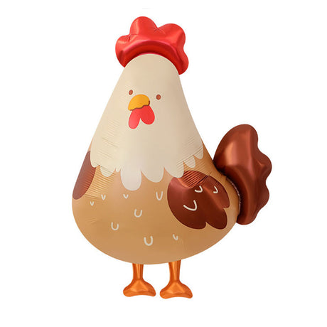 A cartoon-style rooster foil balloon on a plain white background. The balloon features a cream-colored head, a red comb and wattle, an orange beak, brown and tan body with white speckles, and orange legs.