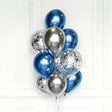 Balloon bouquet with blue, silver, and clear balloons on a white background