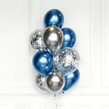 Balloon bouquet with blue, silver, and clear balloons on a white background