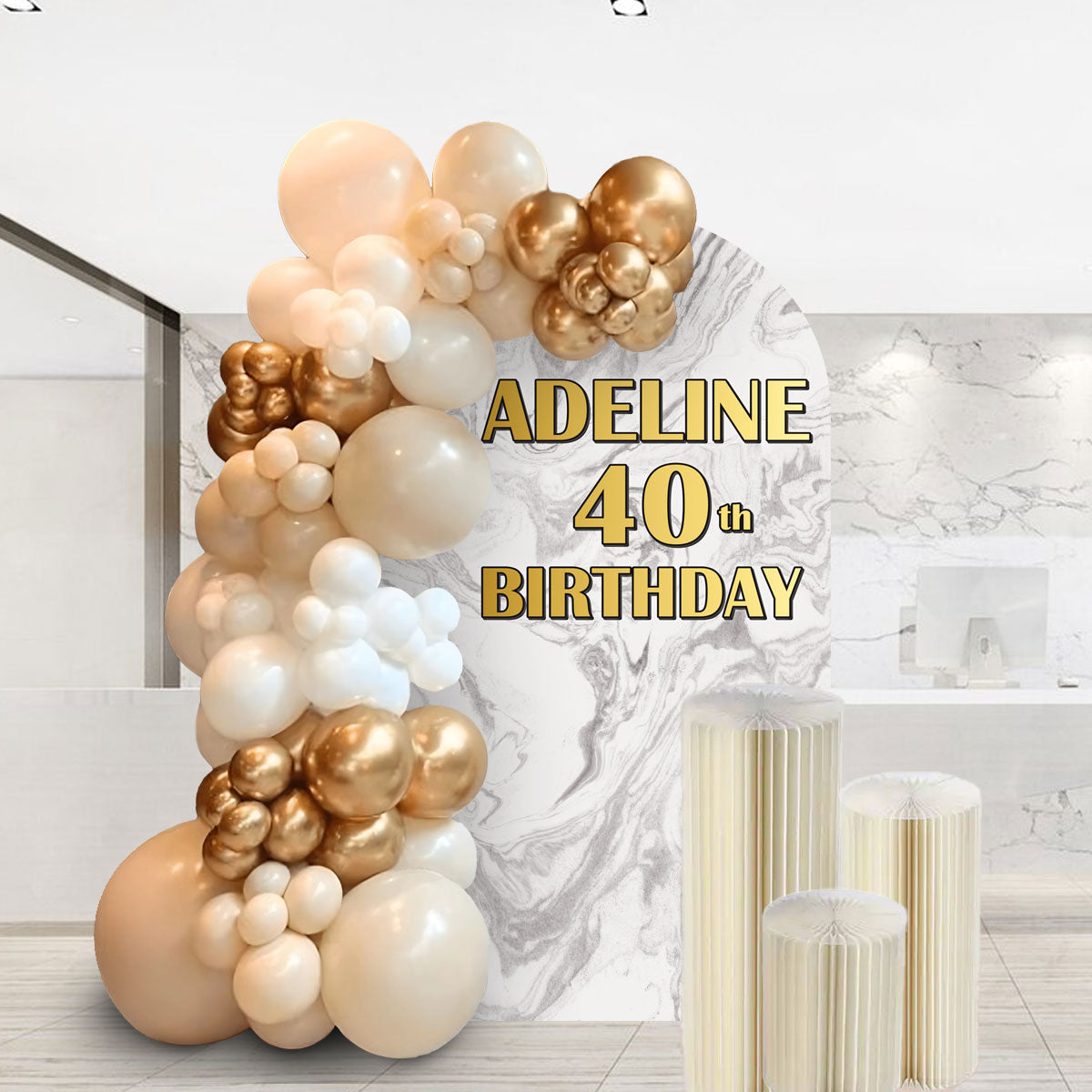 Chrome Gold Marble Balloon Garland Backdrop Set Up