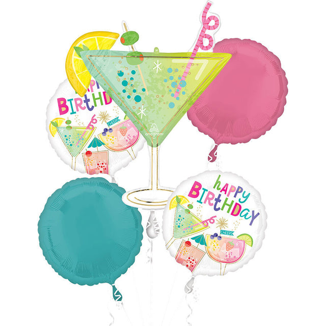 Set of birthday-themed balloons including a martini glass, lemon, pink balloon, and round teal balloon on a white background.