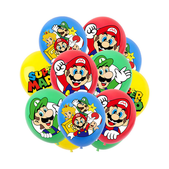Colourful prints on latex balloons with vibrant prints of Super Mario, Luigi, Princess Peach and Toad.