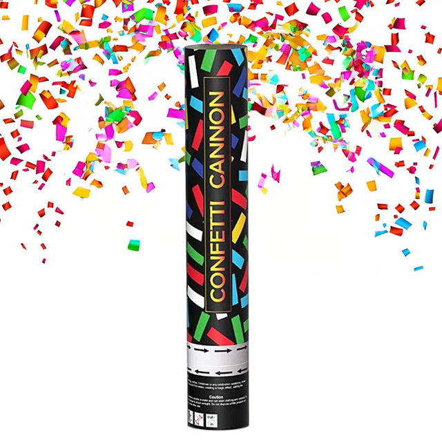 Confetti cannon with colorful confetti against a white background