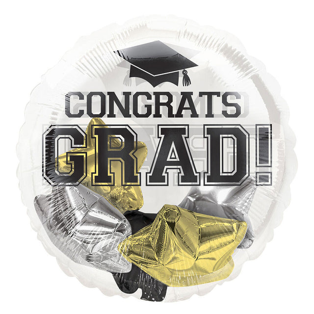 Graduation-themed balloon with 'Congrats Grad!' text and caps on a clear background
