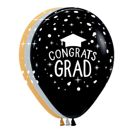 Black,silver and gold latex balloon with 'Congrats Grad' text and graduation cap on a white background
