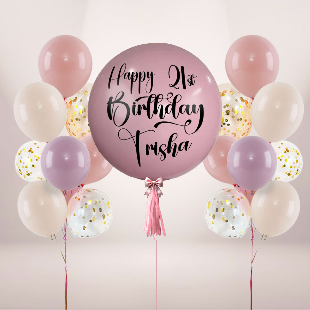 Twilight Pink Latex Balloon with 2 Confetti Chrome Bouquets for the 21st birthday princess.