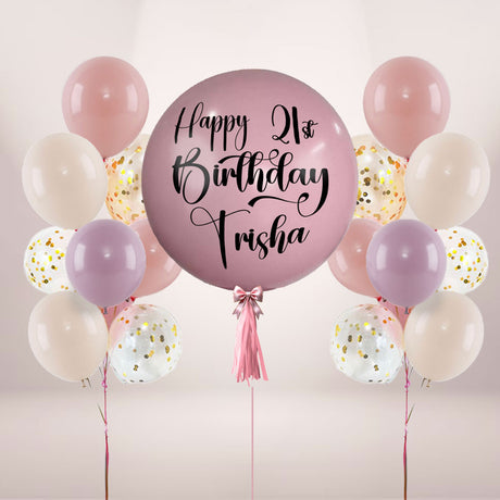 Twilight Pink Latex Balloon with 2 Confetti Chrome Bouquets for the 21st birthday princess.