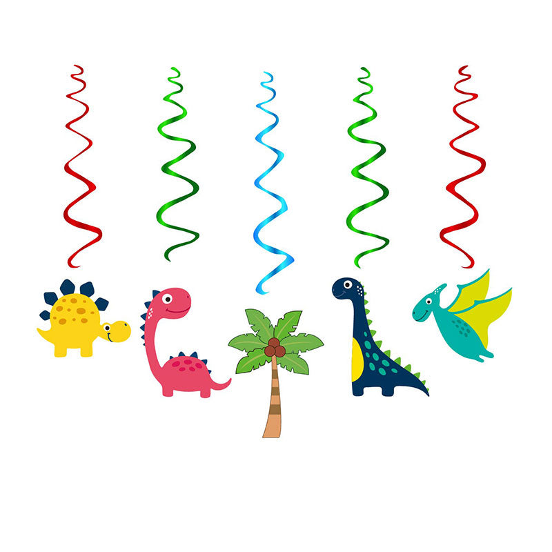 Colorful dinosaur-themed hanging decorations with spiral designs on a white background