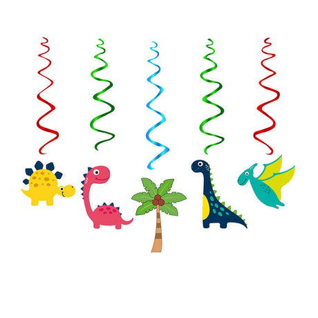 Colorful dinosaur-themed hanging decorations with spiral designs on a white background