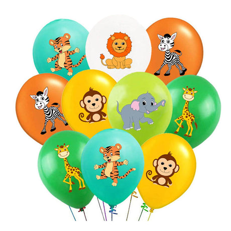 Set of balloons with cartoon jungle animal designs on a white background