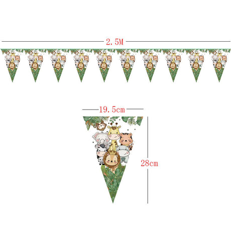 Decorative banner with cartoon animal designs and measurements on a white background