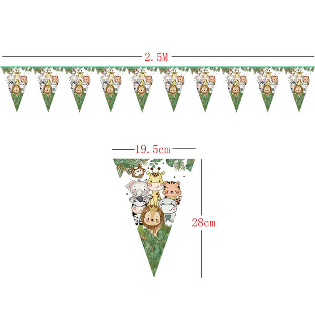Decorative banner with cartoon animal designs and measurements on a white background
