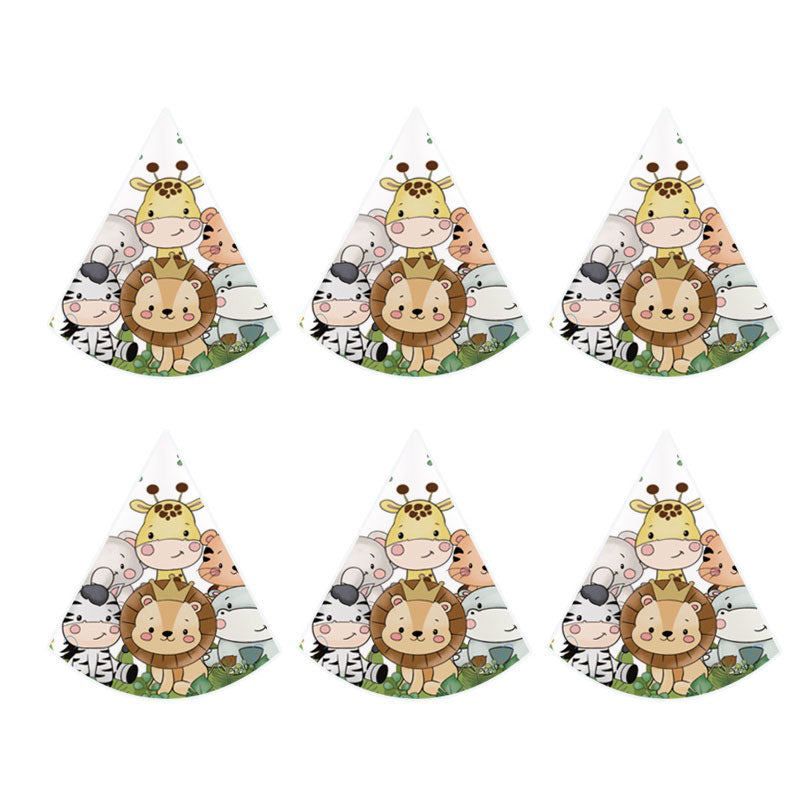 Set of six party cone hats with cartoon animal designs on a white background