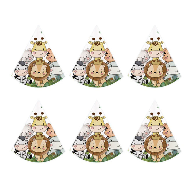 Set of six party cone hats with cartoon animal designs on a white background