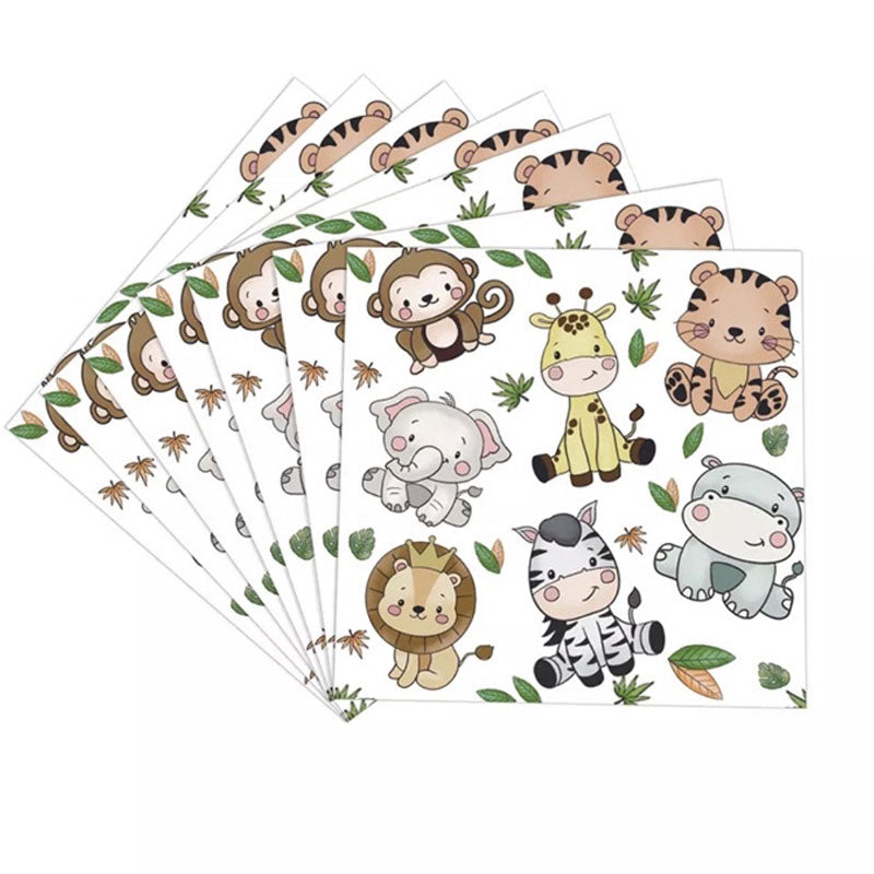 Set of animal-themed napkins with monkeys, tigers, giraffes, and other jungle animals on a white background.