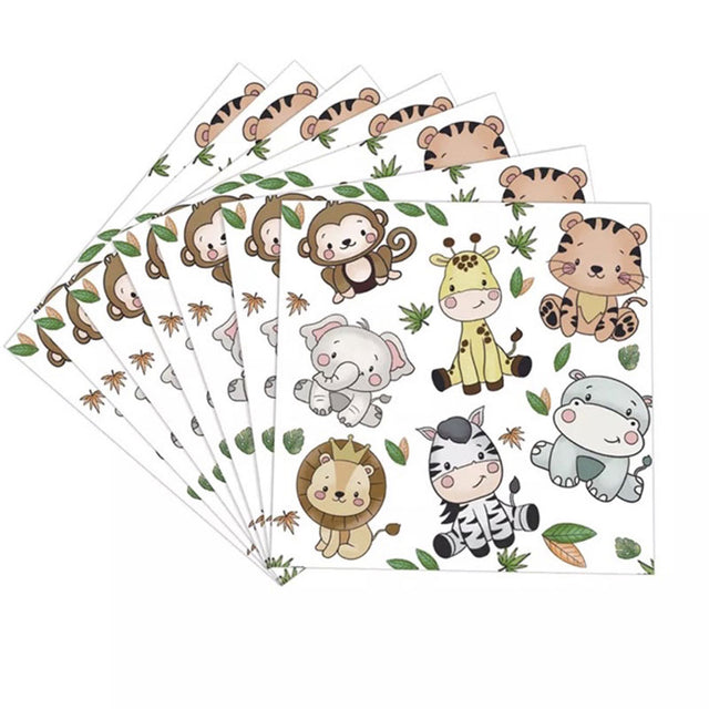 Set of animal-themed napkins with monkeys, tigers, giraffes, and other jungle animals on a white background.