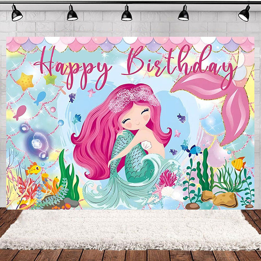 Mermaid-themed birthday banner with colorful undersea design and 'Happy Birthday' text.