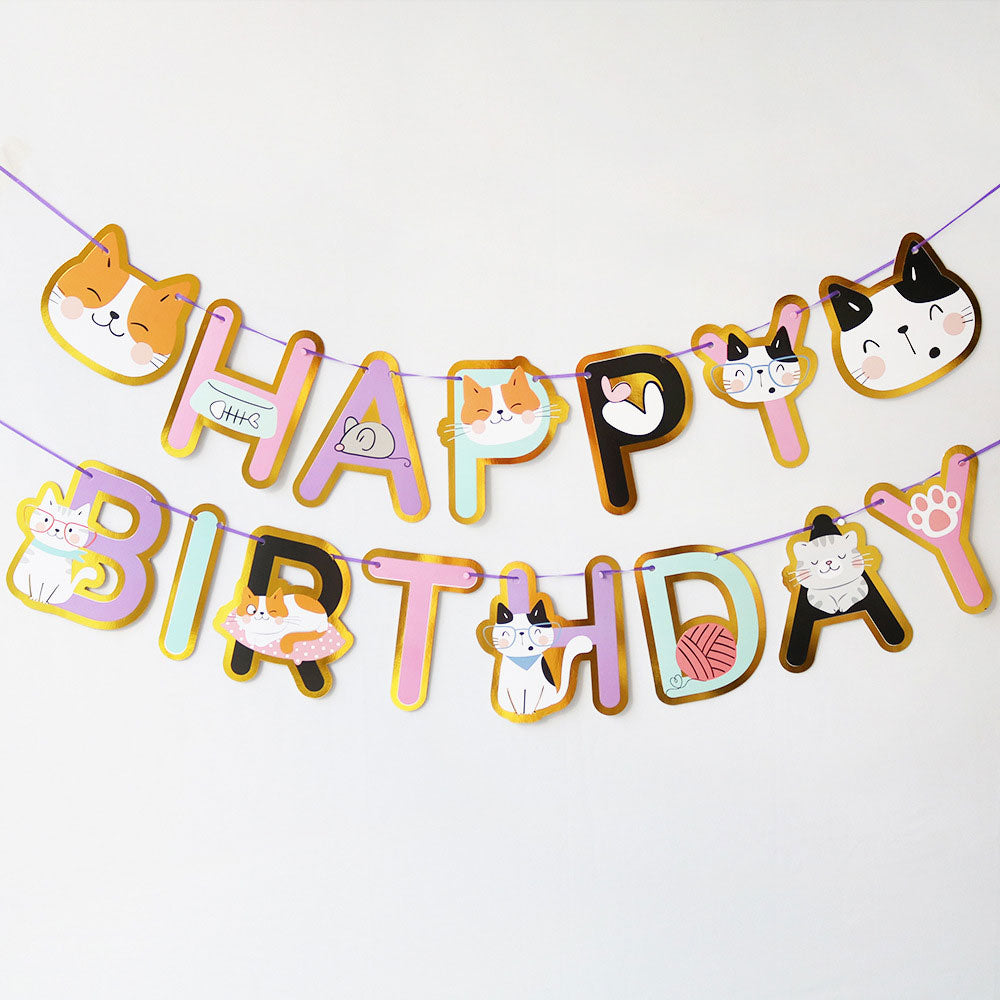 Super adorable cats and kittens birthday banner with gold trimming.