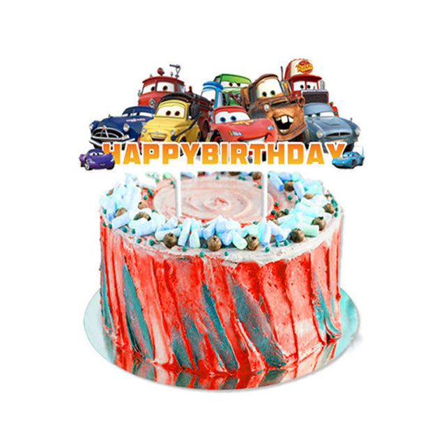 Birthday cake with animated car characters and 'Happy Birthday' text on a white background