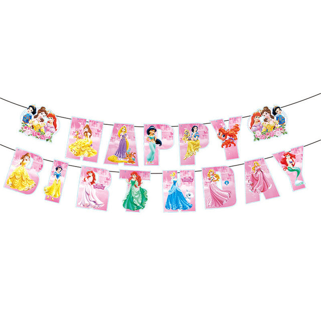 Disney Princess birthday banner with character illustrations on a white background