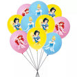 A cluster of party balloons featuring Disney princess illustrations, including Cinderella, Snow White, Ariel, and Rapunzel, in pink, blue, and yellow colors on a white background.