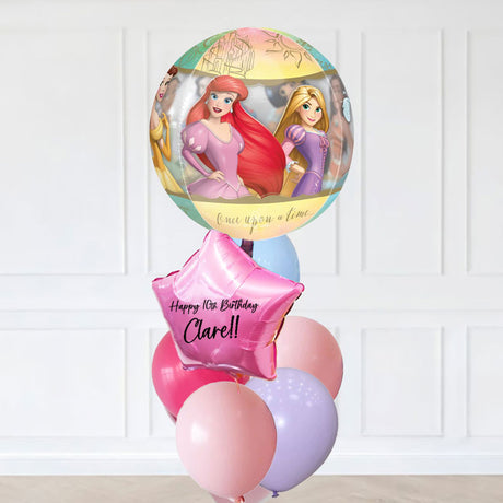 Balloon bouquet with princess design and personalized message against a white background