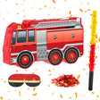Fire truck party decoration set featuring a red fire truck piñata, a yellow and red striped piñata bat, a black blindfold, and a pile of red and orange confetti on a white background with scattered confetti.