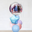 Balloon bouquet with 'Frozen' characters and personalized balloon on a white background