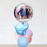 Balloon bouquet with 'Frozen' characters and personalized balloon on a white background