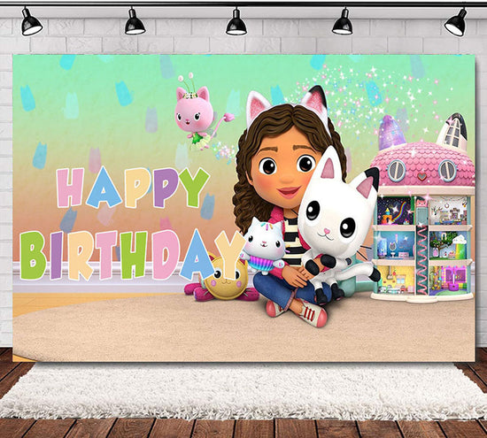 Load image into Gallery viewer, Gabby Dollhouse Happy Birthday Backdrop Banner.

