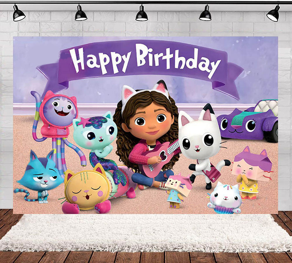 Birthday banner with Gabby and 'Happy Birthday' text on a wooden floor.